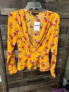 Forever 21 Yellow Floral Wrap Peplum Top